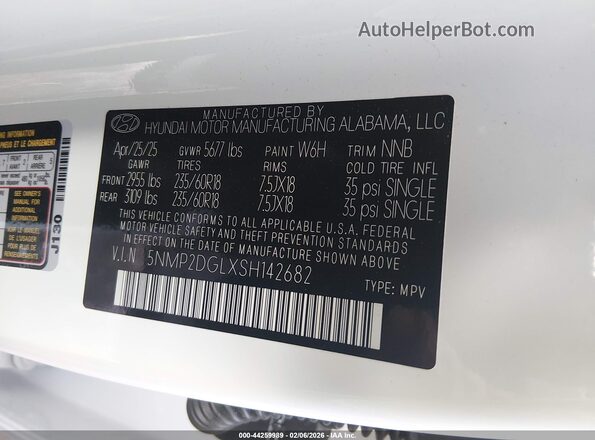 5NMP2DGLXSH142682 2025 HYUNDAI SANTA FE White Widok komory silnika