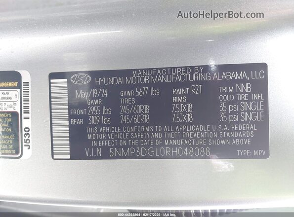 5NMP3DGL0RH048088 2024 HYUNDAI SANTA FE Silver Widok komory silnika