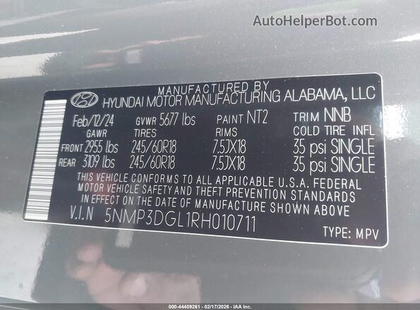 5NMP3DGL1RH010711 2024 HYUNDAI SANTA FE Gray Widok komory silnika