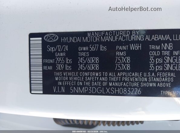 5NMP3DGLXSH083226 2025 HYUNDAI SANTA FE White Widok komory silnika