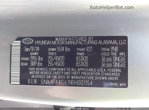 5NMP44GL9RH001154 2024 HYUNDAI SANTA FE Серебряный Вид подкапотного пространства
