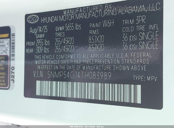 5NMP54G14TH083989 2026 HYUNDAI SANTA FE HYBRID White Вид підкапотного простору