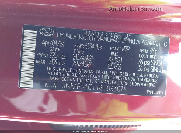 5NMP54GL1RH033075 2024 HYUNDAI SANTA FE CALLIGRAPHY Красный Вид подкапотного пространства