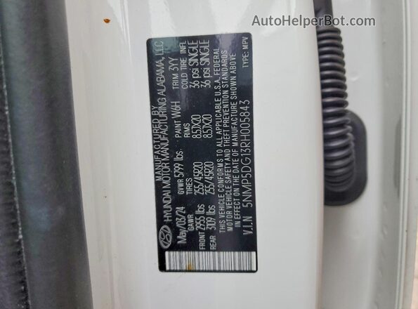 5NMP5DG13RH005843 2024 HYUNDAI SANTA FE CALLIGRAPHY Белый Вид наклейки с VIN-кодом
