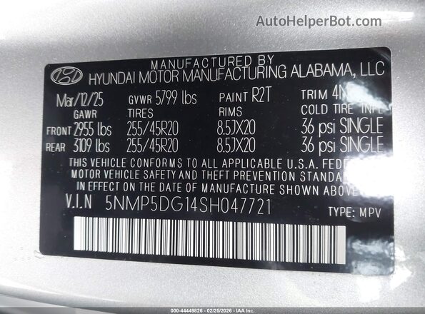 5NMP5DG14SH047721 2025 HYUNDAI SANTA FE HYBRID Серый Вид подкапотного пространства