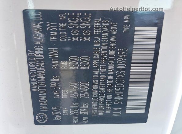 5NMP5DG1XSH039493 2025 HYUNDAI SANTA Белый Вид наклейки с VIN-кодом