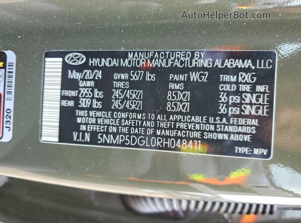5NMP5DGL0RH048411 2024 HYUNDAI SANTA FE CALLIGRAPHY Green Вид наклейки з VIN-кодом