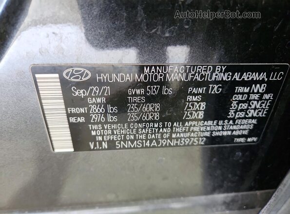5NMS14AJ9NH397512 2022 HYUNDAI SANTA Черный Вид наклейки с VIN-кодом