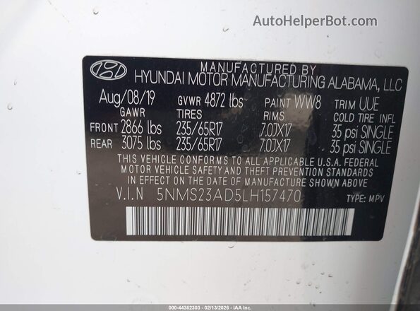 5NMS23AD5LH157470 2020 HYUNDAI SANTA FE Белый Вид подкапотного пространства