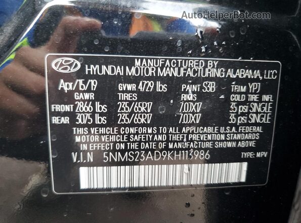 5NMS23AD9KH113986 2019 HYUNDAI SANTA Черный Вид наклейки с VIN-кодом