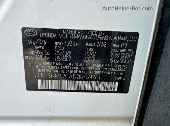 5NMS2CAD2KH124263 2019 HYUNDAI SANTA White Vista de los asientos traseros