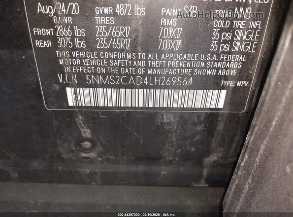 5NMS2CAD4LH269564 2020 HYUNDAI SANTA FE Black Engine compartment view