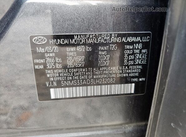 5NMS33AD3LH232082 2020 HYUNDAI SANTA Угольный Вид наклейки с VIN-кодом