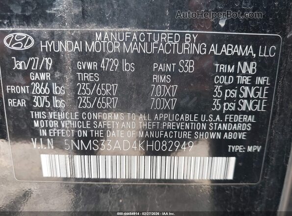 5NMS33AD4KH082949 2019 HYUNDAI SANTA FE Черный Вид подкапотного пространства