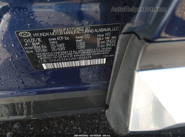 5NMS33AD9KH057674 2019 HYUNDAI SANTA FE Синий Вид подкапотного пространства