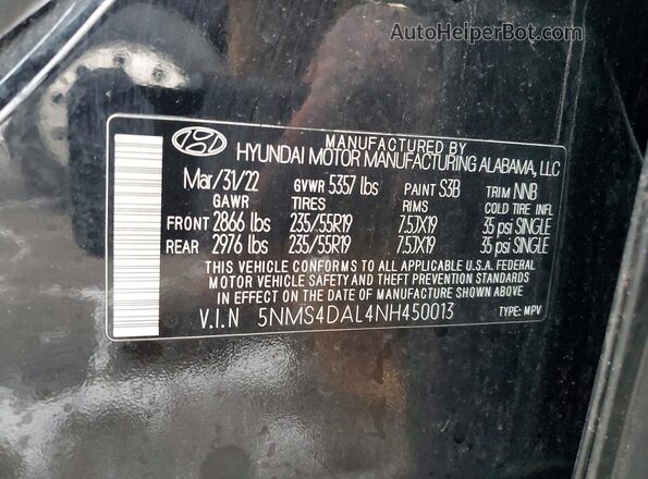 5NMS4DAL4NH450013 2022 HYUNDAI SANTA Black Widok naklejki z numerem VIN