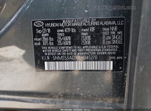 5NMS53ADXKH045270 2019 HYUNDAI SANTA FE Серый Вид подкапотного пространства