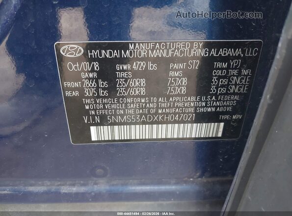 5NMS53ADXKH047021 2019 HYUNDAI SANTA FE Синий Вид подкапотного пространства