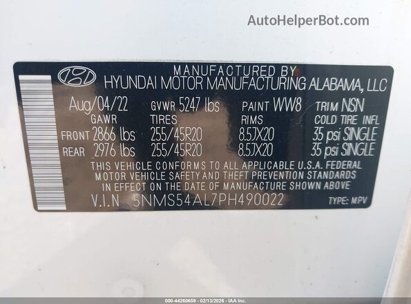 5NMS54AL7PH490022 2023 HYUNDAI SANTA FE CALLIGRAPHY White Вид підкапотного простору