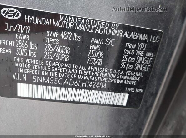 5NMS5CAD6LH142404 2020 HYUNDAI SANTA FE Серый Вид подкапотного пространства