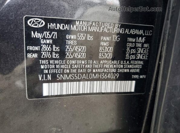 5NMS5DAL0MH364029 2021 HYUNDAI SANTA FE CALLIGRAPHY Серый Панорамный вид салона 360°