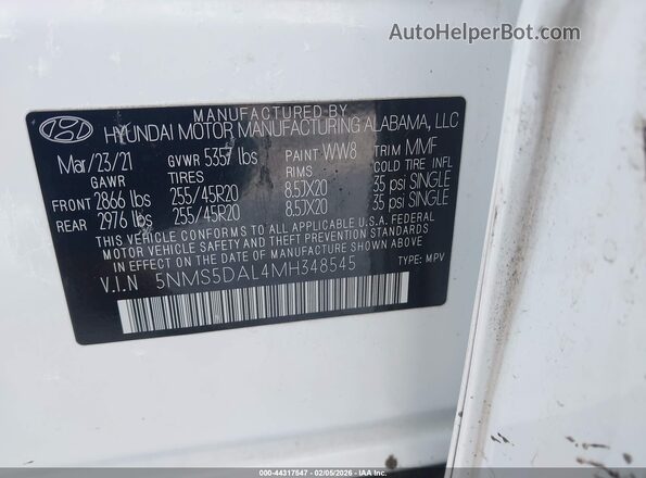 5NMS5DAL4MH348545 2021 HYUNDAI SANTA FE CALLIGRAPHY White Vista del compartimento del motor