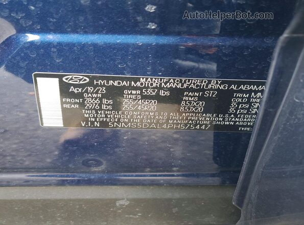 5NMS5DAL4PH575447 2023 HYUNDAI SANTA FE CALLIGRAPHY Blue VIN sticker view