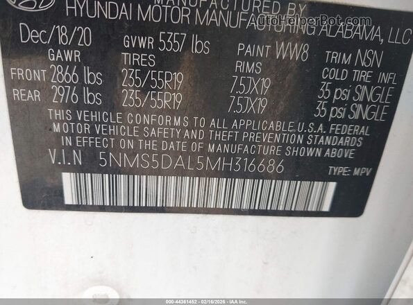 5NMS5DAL5MH316686 2021 HYUNDAI SANTA FE CALLIGRAPHY White Vista del compartimento del motor