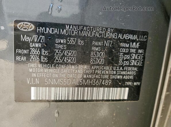 5NMS5DAL5MH367489 2021 HYUNDAI SANTA FE CALLIGRAPHY Gray Vista de la etiqueta del VIN