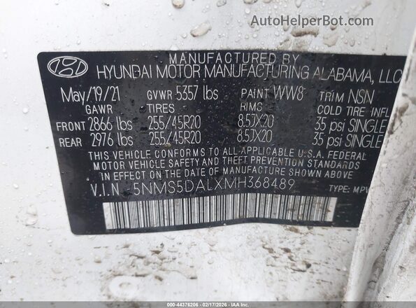 5NMS5DALXMH368489 2021 HYUNDAI SANTA FE CALLIGRAPHY Белый Вид подкапотного пространства