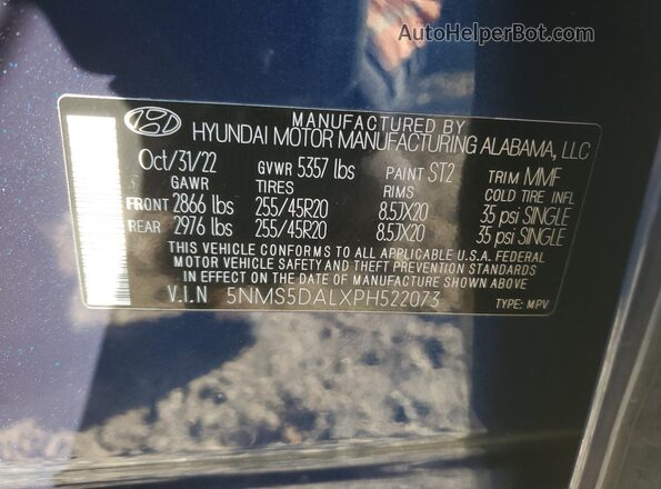 5NMS5DALXPH522073 2023 HYUNDAI SANTA FE CALLIGRAPHY Blue VIN კოდის სტიკერის ხედი