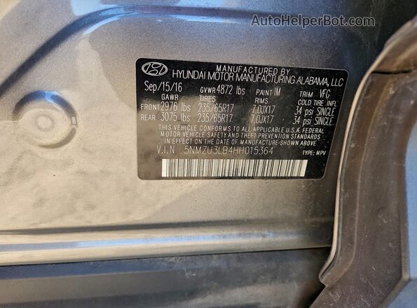5NMZU3LB4HH015364 2017 HYUNDAI SANTA Серый Вид наклейки с VIN-кодом