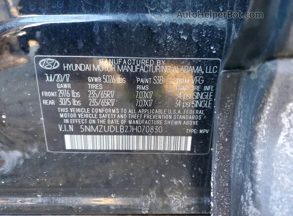 5NMZUDLB2JH070830 2018 HYUNDAI SANTA Черный Вид наклейки с VIN-кодом