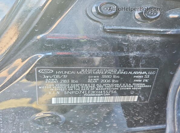 5NPD74LF1KH455756 2019 HYUNDAI ELANTRA Black Widok komory silnika