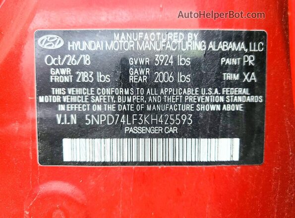 5NPD74LF3KH425593 2019 HYUNDAI ELANTRA Red Вид підкапотного простору