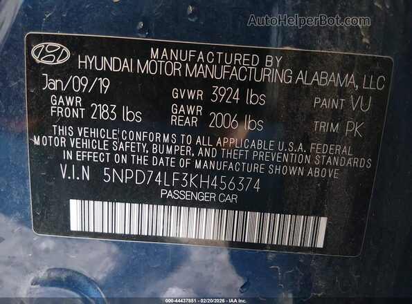 5NPD74LF3KH456374 2019 HYUNDAI ELANTRA Blue ძრავის განყოფილების ხედი