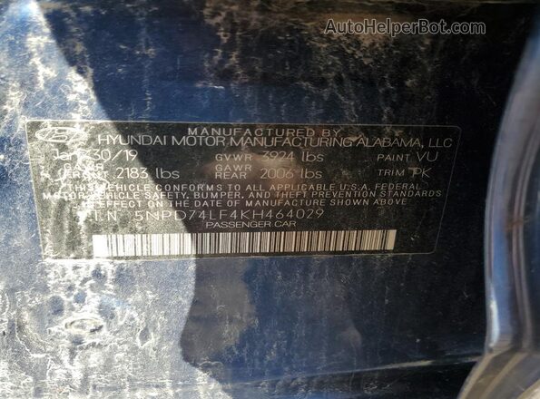 5NPD74LF4KH464029 2019 HYUNDAI ELANTRA Blue ძრავის განყოფილების ხედი