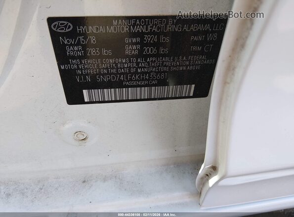 5NPD74LF6KH435681 2019 HYUNDAI ELANTRA Белый Вид подкапотного пространства