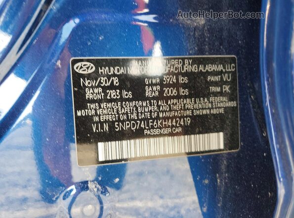 5NPD74LF6KH442419 2019 HYUNDAI ELANTRA Синий Вид подкапотного пространства