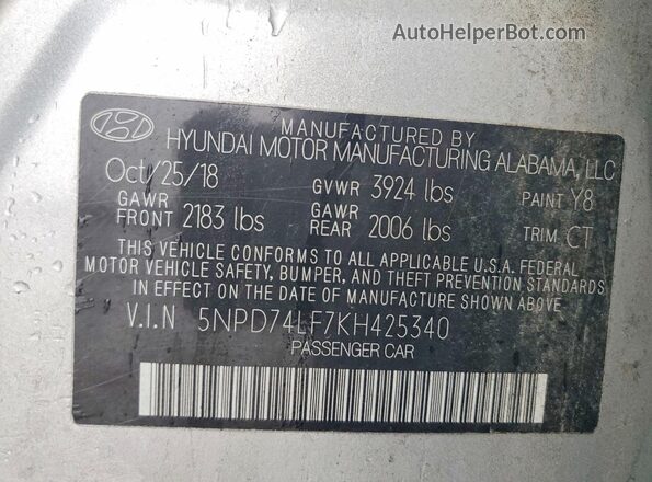 5NPD74LF7KH425340 2019 HYUNDAI ELANTRA Silver Widok naklejki z numerem VIN
