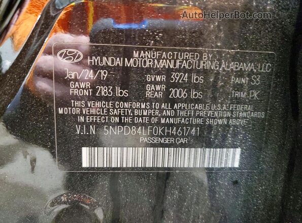 5NPD84LF0KH461741 2019 HYUNDAI ELANTRA Black Vista de la etiqueta del VIN