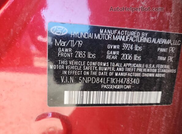 5NPD84LF1KH478340 2019 HYUNDAI ELANTRA Красный Вид наклейки с VIN-кодом
