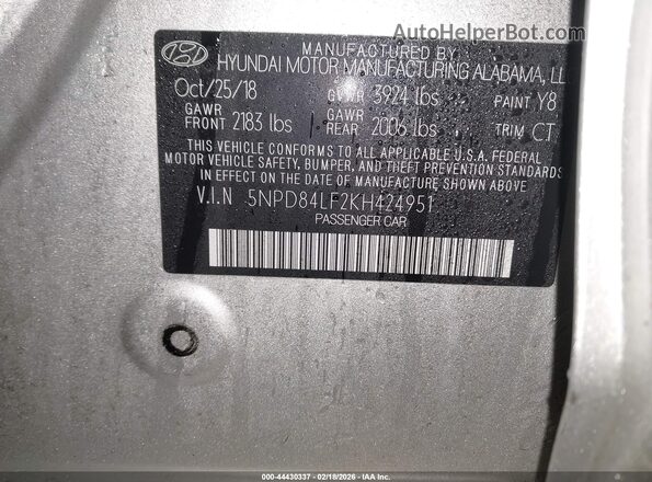 5NPD84LF2KH424951 2019 HYUNDAI ELANTRA Gray Vista del compartimento del motor