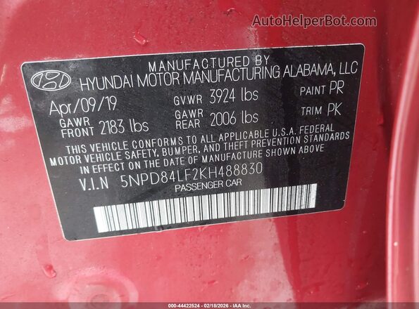 5NPD84LF2KH488830 2019 HYUNDAI ELANTRA Red Շարժիչի բաժամունքի տեսք