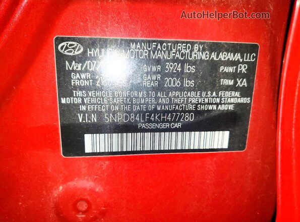 5NPD84LF4KH477280 2019 HYUNDAI ELANTRA Красный Вид подкапотного пространства