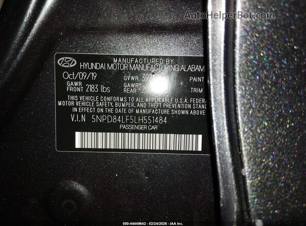 5NPD84LF5LH551484 2020 HYUNDAI ELANTRA Gray Widok komory silnika