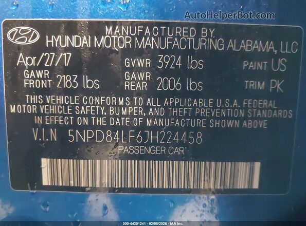 5NPD84LF6JH224458 2018 HYUNDAI ELANTRA Синий Вид подкапотного пространства
