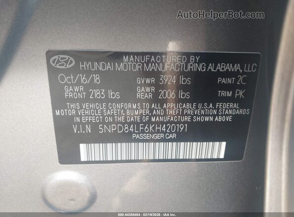 5NPD84LF6KH420191 2019 HYUNDAI ELANTRA Gray ძრავის განყოფილების ხედი