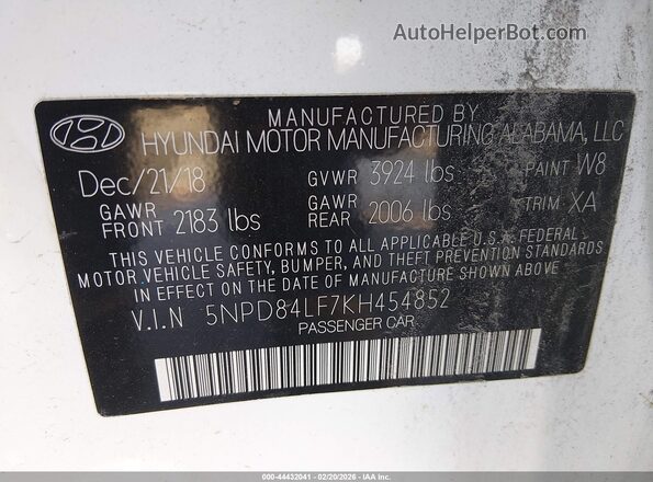 5NPD84LF7KH454852 2019 HYUNDAI ELANTRA White Engine compartment view
