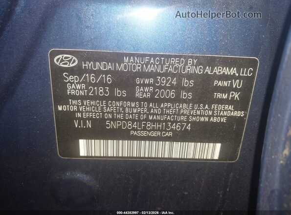 5NPD84LF8HH134674 2017 HYUNDAI ELANTRA Blue Vista del compartimento del motor